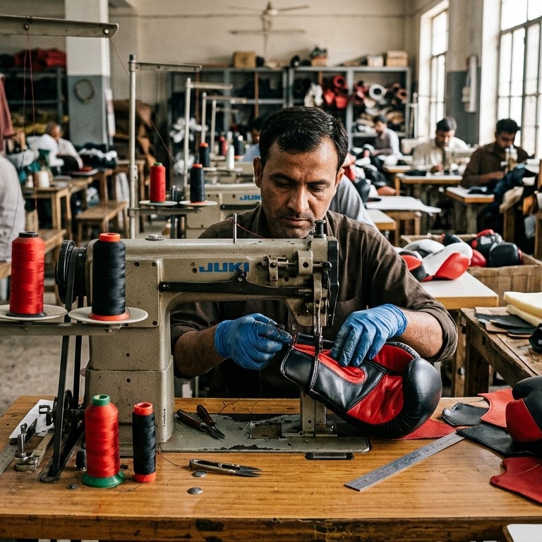 Custom boxing gloves manufacturing and stitching process in Sialkot, Pakistan